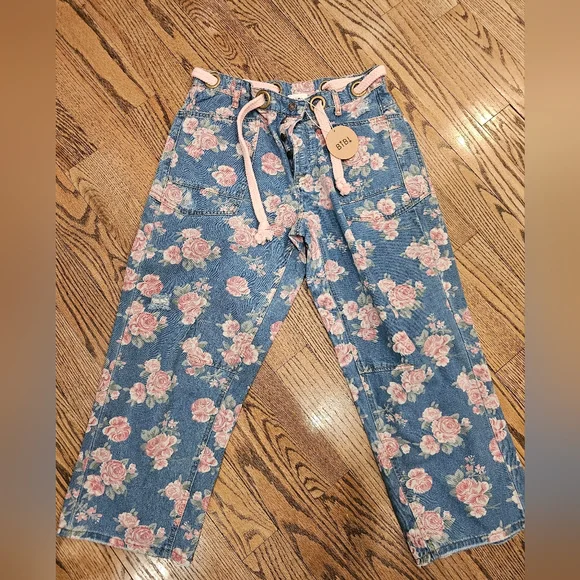 Bibi Washed Floral Denim Wide Leg Pants with Pink Accents - Picture 2 of 7